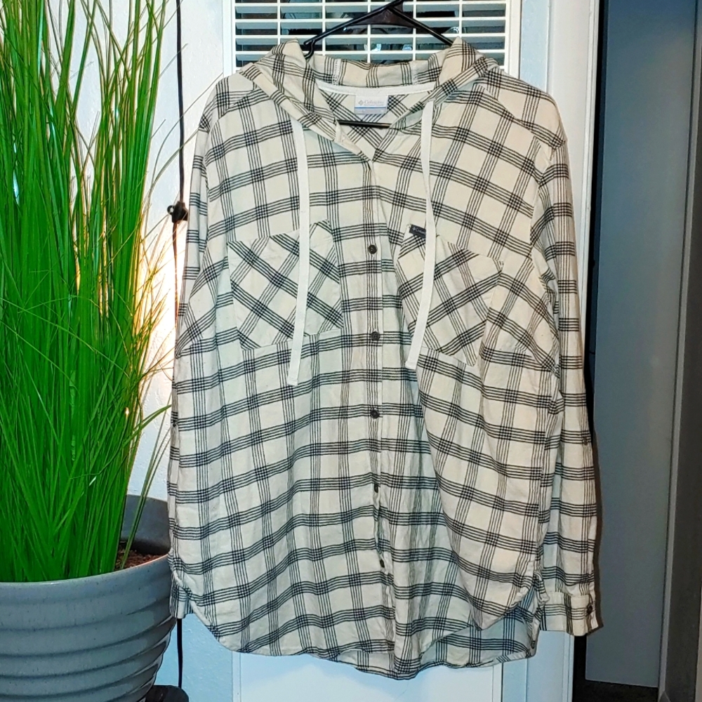1X Columbia black&white hooded drawstring flannel